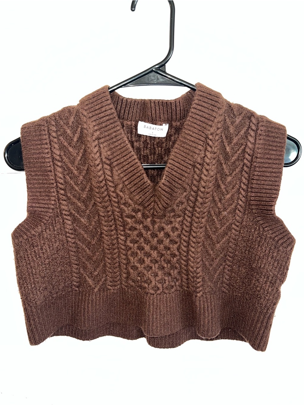 Babaton 100% Merino Wool Cable Knit V-Neck Sweater Vest Brown Size L